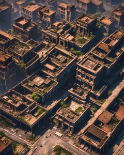 Birds Eye View, Top to Down. A Corrupted Ruined City. Broken Buildings, Empty Cars, Old Streets.