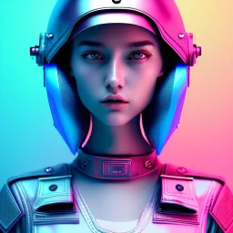 woman teenager, army helmet, retro futuristic, Bang & Olufsen, leather dress, gradient color, BLUE, PINK, CYAN, neon, insanely detailed, 16k resolution, perfect eyes, cinematic smooth, intricate detail