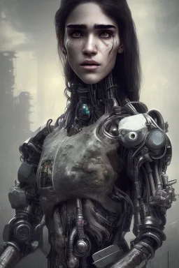 A portrait post-apocalypse cyborg Sofia Boutella in a cyberpunk city, sci-fi fantasy style, 8k, volumetric lighting, particales,highly detailed,cinematic, deep scars on face,deep colours.