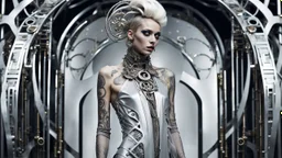 Futuristic steampunk fashion editorial, subtle rococo influences, a slender androgynous model with a pale face, silver abstract nonfigurative tattoos flowing across the face and neck, dark silver and off-white color palette. Wearing an extraordinary long sculptural dress layered over glossy metallic leggings, intricate futuristic steampunk details, elegant mechanical ornaments. Elaborate headpiece combining a decorative hair ornament, rococo hat and futuristic half helmet