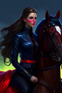 A portrait of a human woman with long brown hair and red eyes wearing competitive horse riding clothes, riding a black horse, modern dressage arena setting, anime style, intricately detailed, masterpiece, HD, 4k