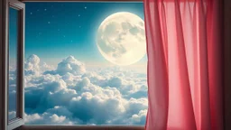 A vintage window frame with a soft pink curtain pulled aside, uncovering a surreal panorama of fluffy clouds illuminated by a gigantic moon, with shooting stars scattered across the sky.