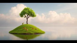 The image depicts a surreal scene featuring a small tree atop a grassy mound, surrounded by a calm body of water. The tree has vibrant green leaves that blend seamlessly into stylized birds, with several birds appearing to perch among the foliage. The background features a serene sky with soft clouds, creating a peaceful atmosphere.