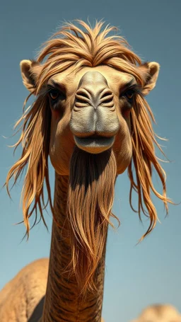 Camel with human look face and long hair and beard looks like an ancient Sumerian gods