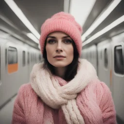 Monica belluci, in the metro in the style of a polaroid,, white, pink,orange, red, with a knitted hat