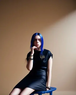 Billie Eilish, sitting on a chair, Black Short Dress, high detail, realistic