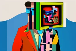 man with head inside a tv box in the style of Eileen Agar