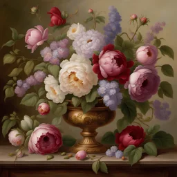 create a table in an entryway with a beautiful ornate colorful botanical flower arrangement in the style of Georgius Jacobus Johannes van Os' work “Still life with roses, peonies, lilac, morning glories and other flowers"