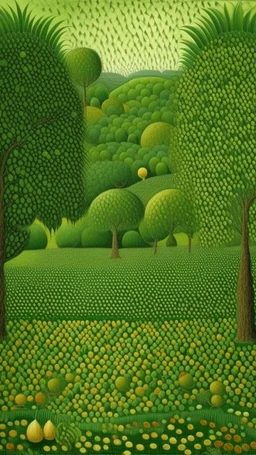 An olive green jungle with diamond shaped peppers painted by Georges Seurat