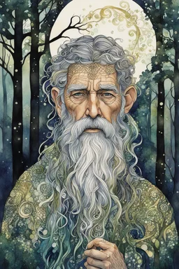 random watercolor Zentangle patterns in the styles of Gustav Klimt ,Wassily Kandinsky, Alphonse Mucha, and Kay Nielsen that depicts an aged and haggard Celtic Druid with highly refined facial features, in a moonlit forest glade , with fine ink outlining