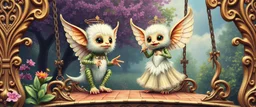 gods own sacred geometry embroidered patterns, two totally symmetric fluffy angel robot gremlin slug nice cheerleader singing on ornate carved magical bridge in garden , full body portrait strong aura, oil painting and air brush, in swing net