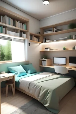 Create a bedroom with a double bed, closet, commode, table to study and small bookshelf. It also has big windows. Its rather spacious and modern