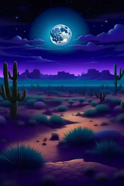 vista panorámica de un desierto nocturno con la luna llena. Cactus de color violeta fosforescente recubren una parte de algunos médanos, y en el medio un oásis en donde se encuentran muchos animales mitológicos de la cultura egipcia