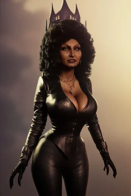 Pam Grier as evil queen in black leather, leather, busty, cleavage, angry, stern look. character design by cory loftis, fenghua zhong, ryohei hase, ismail inceoglu and ruan jia. unreal engine 5, artistic lighting, highly detailed, photorealistic, fantasy