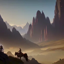  mountains with medieval knight traveling on a horse in the background