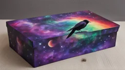 a box 10 cm long by 5 cm wide and 25 cm high, drawn on a box on all sides, space, tress, planets, crow galaxies a lot of colours purple, green and red, realistic