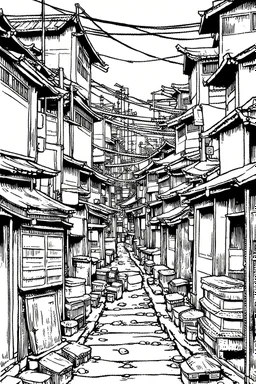 Tokyo shanty town, line arts, manga style