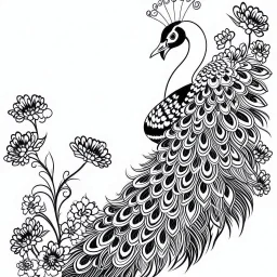 white, A peacock white flower borders, line art, white background, outline, with images neatly contained within the background, just black and white color, full body, no color. Different view