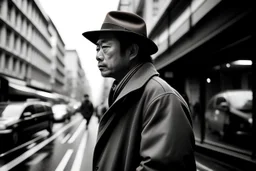 fotografía en blanco y negro, un hombre vestido con abrigo y sombrero de ala ancha, en un calle de una ciudad japonesa, figura difuminada en primer plano, mirada lateral, de fondo las líneas de la perspectiva se entrelazan uniéndose en un punto al fondo, arrecia una tormenta, fotografía realizada con cámara Leica y objetivo de 35 mm
