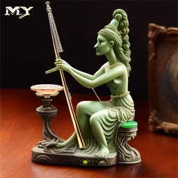 auction hammer, green olivine stone figurine, harpist, ancient, magic,on dark wooden table with drinking glass, hairy hand