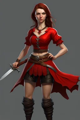 a young witch in a red low-cut short skirt, with a sword in one hand, photorealistic, delicate detail.