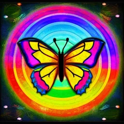 rainbow cartoon butterfly 700 x 700 logo circle, realistic, van Gogh volumetric lighting, game of thrones