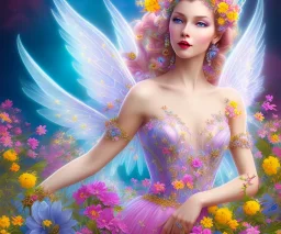 beautiful bright fairy portrait who smiles with long hair, thin face, two hands, two transparent wings on her back in a pink,blue, yellow flowers background,