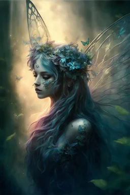 Blue hair , , dark Fairy wings Purple hair,water lilies,dark fairy princess,nymph,elven crown,dragonflies,tiara,,gothic,glitter,rapunzel hair, very long hair, sparkle