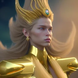 beautiful cosmic golden male, long hair, nice smiling, delicate colors, beautiful glamour galactic golden dress, ultra sharp focus, 8k, unreal engine 5, extremely sharp detail, light effect, soft light atmosphere of a spaceship, smooth, full of details, face in front, complete vision of face and body