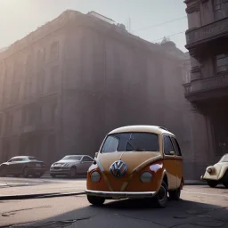 an old volkswagen car ultra realistic,concept, 4k ,on street,8k resolution, high-quality, fine-detail, parked in crowded city winter