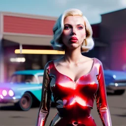 Ultra Realistic retro sci-fi, explosion Supermarket parking scene, 1960 year, blonde mastery woman, sweet scarlet Johansson face, perfect iris, glow eyes, face makeup, tight latex coat; many panic people, Retro sci-fi style, soft color, highly detailed, unreal engine 5, ray tracing, RTX, lumen lighting, ultra detail, volumetric lighting, 3d, finely drawn, high definition, high resolution.