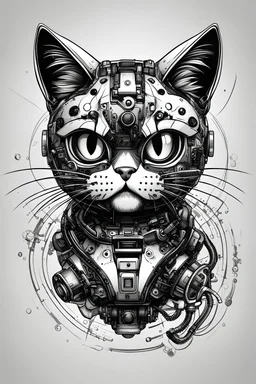 charmie cat, black and white, angry, robotics parts, lineal draw, sketch style, black tecnological background.