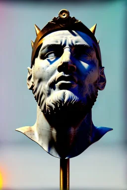 Ultra Realistic image, Roman sculpture, white marble material, Lionel Messi, gold crown of natural thorns, god crown, Miguel Angel style, sun rays background, waist up portrait, epic, celestial, cinematic lighting, God lights, 4k resolution, smooth details, soft lighting, unreal engine 5, art station, substance 3d.