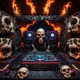 DJ of the damnded, insanely detailed DJ booth in hell, MID set, speakers and equipment made of bone, anatomically correct, add more skulls in th audience, photorealism, vray, 8k 3d, woofers in all empty eye sockets of stage equipment, wide angle, telephoto, from audience, all multicolored skulls,