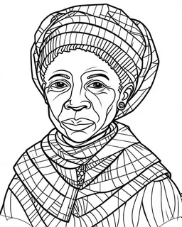 Harriet Tubman, b&w line art style fashion, preppy style, simple line art, one line, line art, line drawing style, white background, picture, coloring book style on white background, well composed, clean coloring book page, No dither, no gradient, strong outline, No fill, No solids, vector illustration, –ar 9:11 –v 5