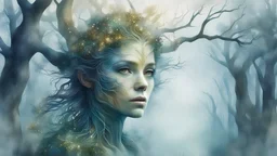 watercolor, tree woman, digital painting, glitter, fog, clear lines, detail, fine rendering, high resolution, 4K, photorealism, precise focus, double exposure, fantasy,