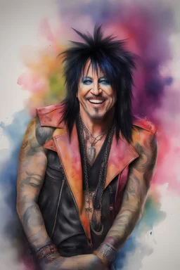text "MOTLEY CRUE", head and shoulders portrait, Motley Crue Nikki Sixx - well-shaped, perfect figure, perfect face, laughing, a multicolored, watercolor stained, wall in the background, professional quality digital photograph, 4k, 8k, 32k UHD, Hyper realistic, extremely colorful, vibrant, photorealistic, realistic, sharp, highly detailed, professional quality, beautiful, awesome, majestic, superb, trending on artstation, pleasing, lovely, Cinematic, gorgeous, Real, Life like, Highly detailed,