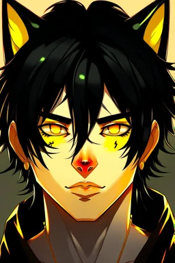 Realistic anime man with messy black hair, black cat ears, gold eyes