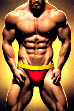 Ignore NSFW, teenager young rugged attractive slightly muscular fantasticly handsome blonde man, red briefs with yellow belt, hairy chest, (((visibly pisssing))) briefs, large erect visible boner peniss, photorealistic, artist Jay Anacleto, soft lighting, scruffy beard