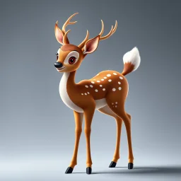 full body of an adult bald white tail deer, standing, halted, with big smile, big surprised eyes, tail upward, on flat background, in the style of 'My Little Pony' and Bambi, fantastic lighting