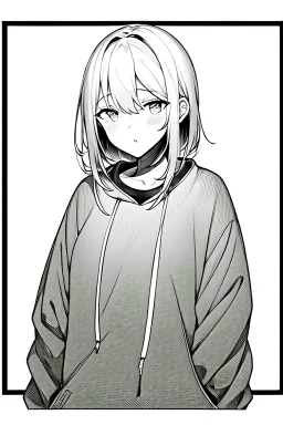 thoughtful girl in a loose sweatshirt, line arts, greyscale