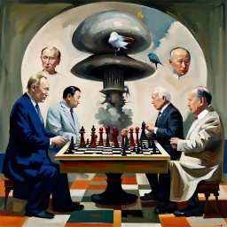 Putin, President Xi Of China And Joe Biden Play Chess With A Pigeon,Ufo And Atomic Bomb Mushroom Cloud,Complex Surgical Instruments Intermixed With A Newborn Boy,Minimalism,Painting By Adrian Ghenie,Rene Magritte,Pablo Picasso,Michelangelo,Salvador Dali,Lucian Freud