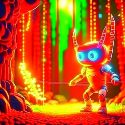 portrait of a cute chat robot shooting bow and arrow in the underground grove glowing light, in the style of escher, 8k, down-light, soft light, depth of field, photo realism, trending on art station, high detail,