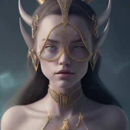 Portrait of wiched with horns " enchantress Morgan" with and mid-12th century elegant apparel.extremely detailed face,black clear Big eyes,perfectly centered image,intricate detail.Diseney style, korra character face style.and Kilian Eng art color