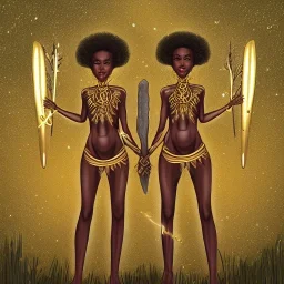 Biologically Female Twins, black skin, tall and slender, long afro kinky hair,big brown eyes, warrior wear. Gold accents on clothing. Surround by trees. Holding golden spears. Starry night