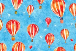 giftwrap pattern with watercolor of a hot air balloon, children's book illustration, white parchment paper, wrapping paper, warm colors, white background