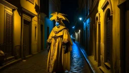 A person wearing a Venetian carnival mask and costume, with a large yellow ruff around the face, walking along a deserted Venetian alleyway at midnight, with only the moon illuminating the scene.