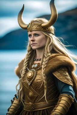 generate a beautiful female viking with gold armrings and necklace, on her head a helmet with two big gold horns, her dress is made og reindeerfur, by her side is a wild wolf, she is onbord her wikingship on her way into the geriangerfjord in norway, the water is wavy and the wind is blowing in her hair