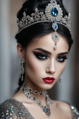 Beautiful girl with expressive, black colors, huge eyes, focus on the eyes, bright makeup, scarlet lips, a small tiara on her head with jewelry made of diamonds and colored stones, aesthetically pleasing, beautiful, realistic, professional photo, 64k, high resolution, high detail, mfm , 30mm lens, 1/250s, f/2.8, ISO 100, bright light, 5D, hyperrealism, filigree, highly detailed digital painting, clearly traced small details, summer forest background