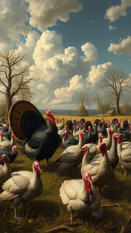 Hieronymus Bosch style , field full of turkeys